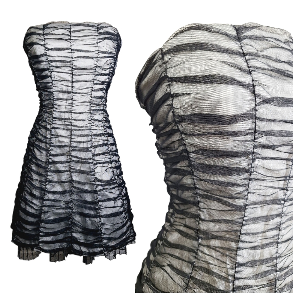 Vintage Zum Zum 90s Y2K Short Prom Dress Womens Small Black White Mesh Ruched